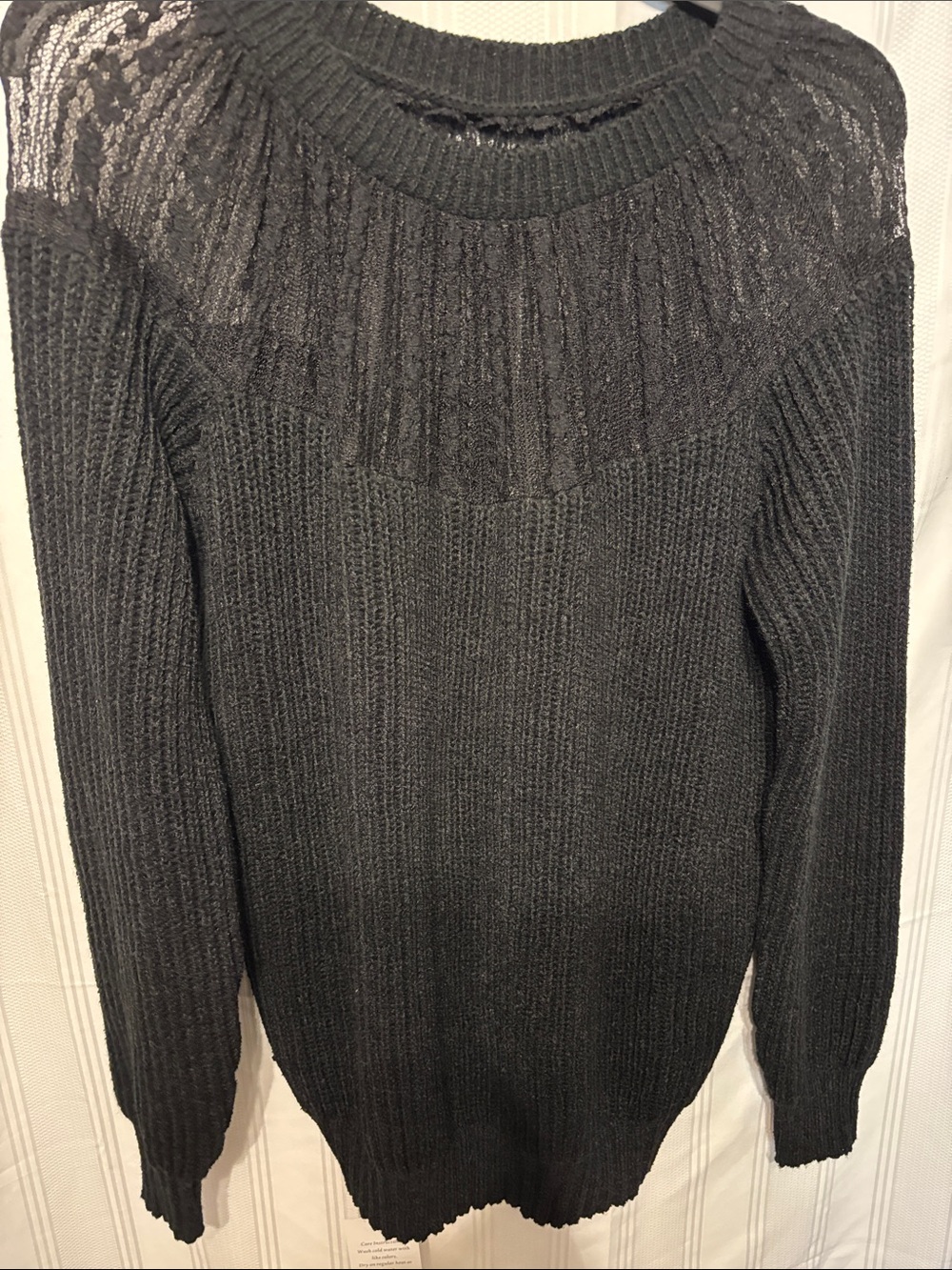 Black Lace Yoke Ribbed Crewneck Sweater